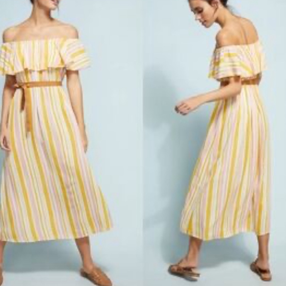 Forever 21 Yellow and White Ruffled Off-Shoulder Sundress